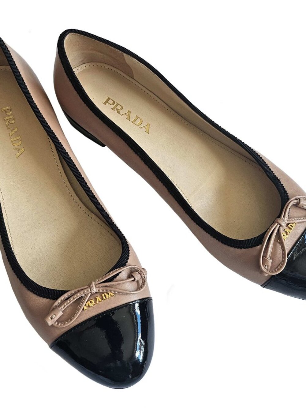 PRADA BLACK/BEIGE CALZATURE DONNA CAPTOE LEATHER BALLET FLATS (38.5)
